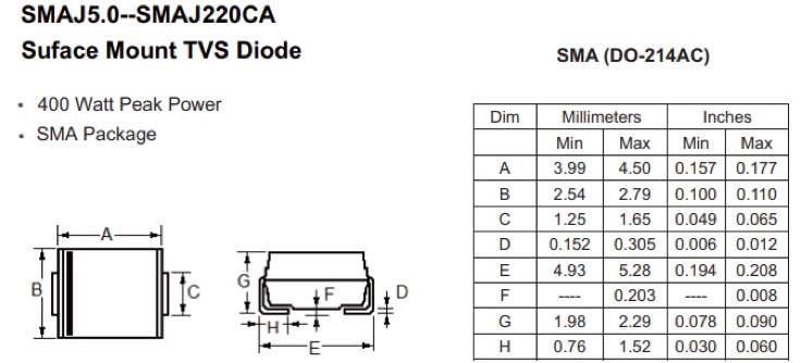 Features for SMAJ TVS SMAJ5.0--SMAJ220CA: