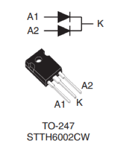 Description of ST High efficiency ultrafast diode STTH6002C: